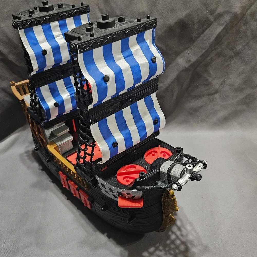 Vintage Fisher-Price Imaginext Pirate Ship Black Blue White Sails 2006 Mattel